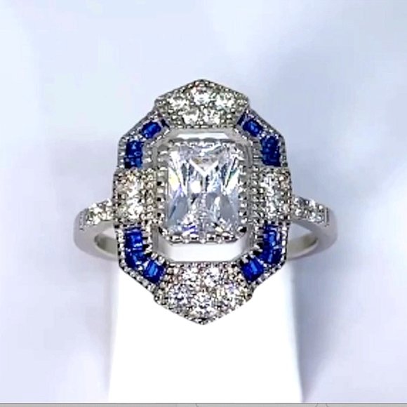Vintage Estate Inspired Ring - Synthetic Sapphire & Diamonds - Size 6 or 7 - Picture 3 of 7